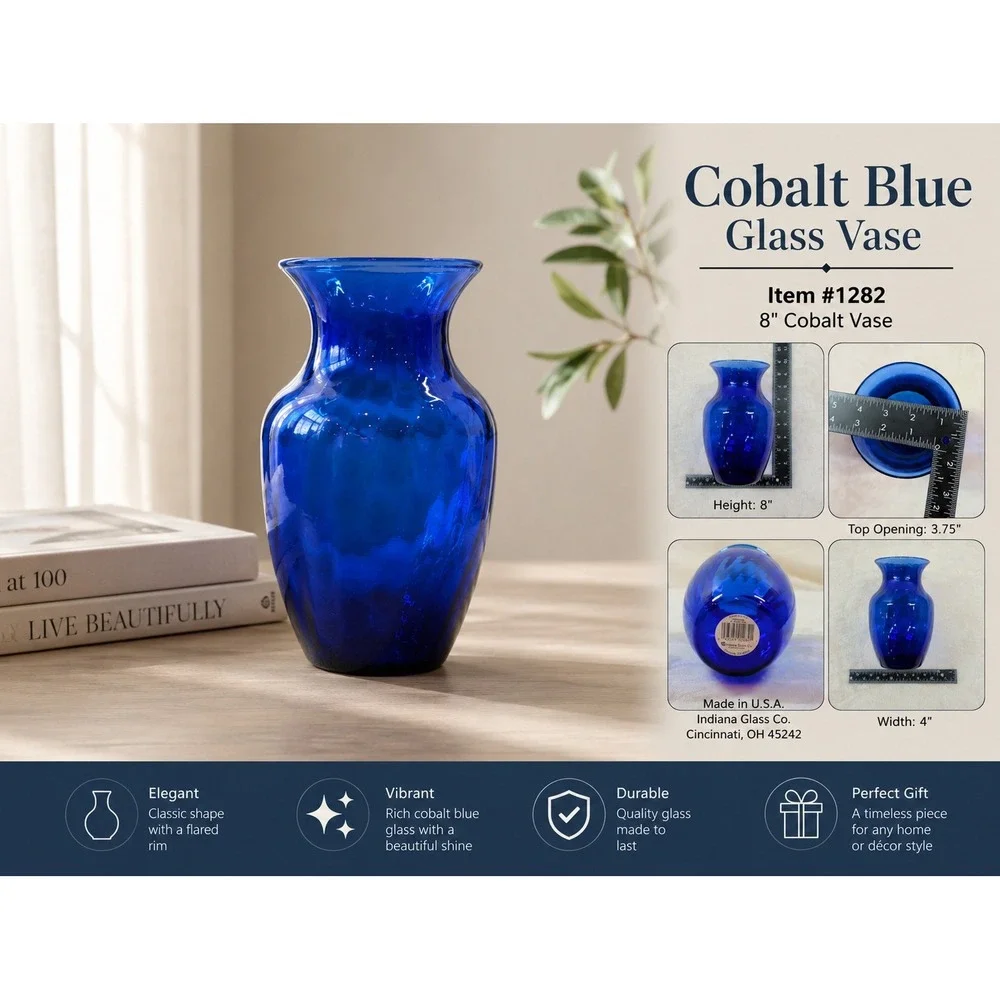 Indiana Glass Cobalt Blue Vase 8 Inch Optic‎ Panel Flared Rim 1282 Made in USA